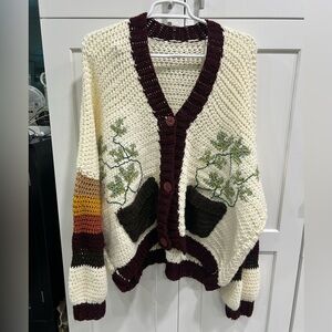 Handmade Cream and Brown Knit Sweater with Plant Design